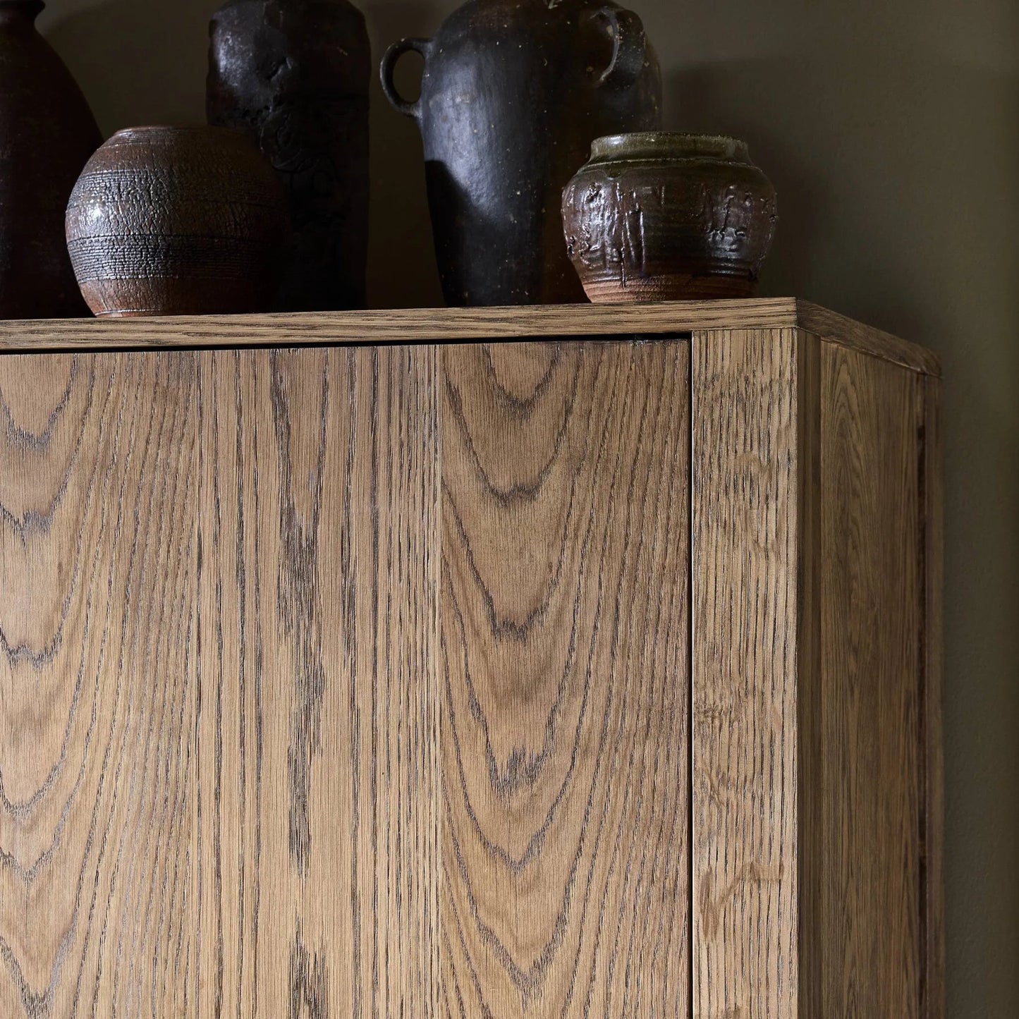011 SI-2635275 | Closeup | Bedford Cabinet by Four Hands in warm natural oak veneer, gunmetal. Made from thick oak veneer, solid oak, iron in a unique style.