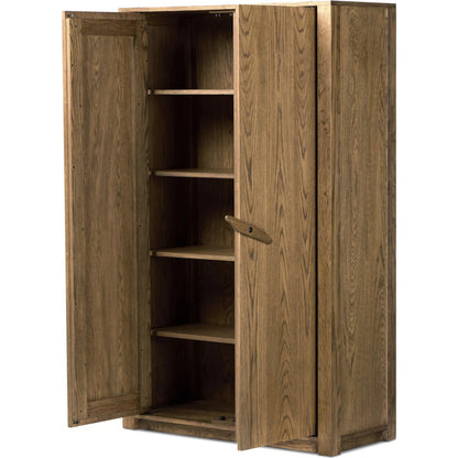 Bedford Cabinet by Four Hands in warm natural oak veneer, gunmetal. Made from thick oak veneer, solid oak, iron in a unique style.