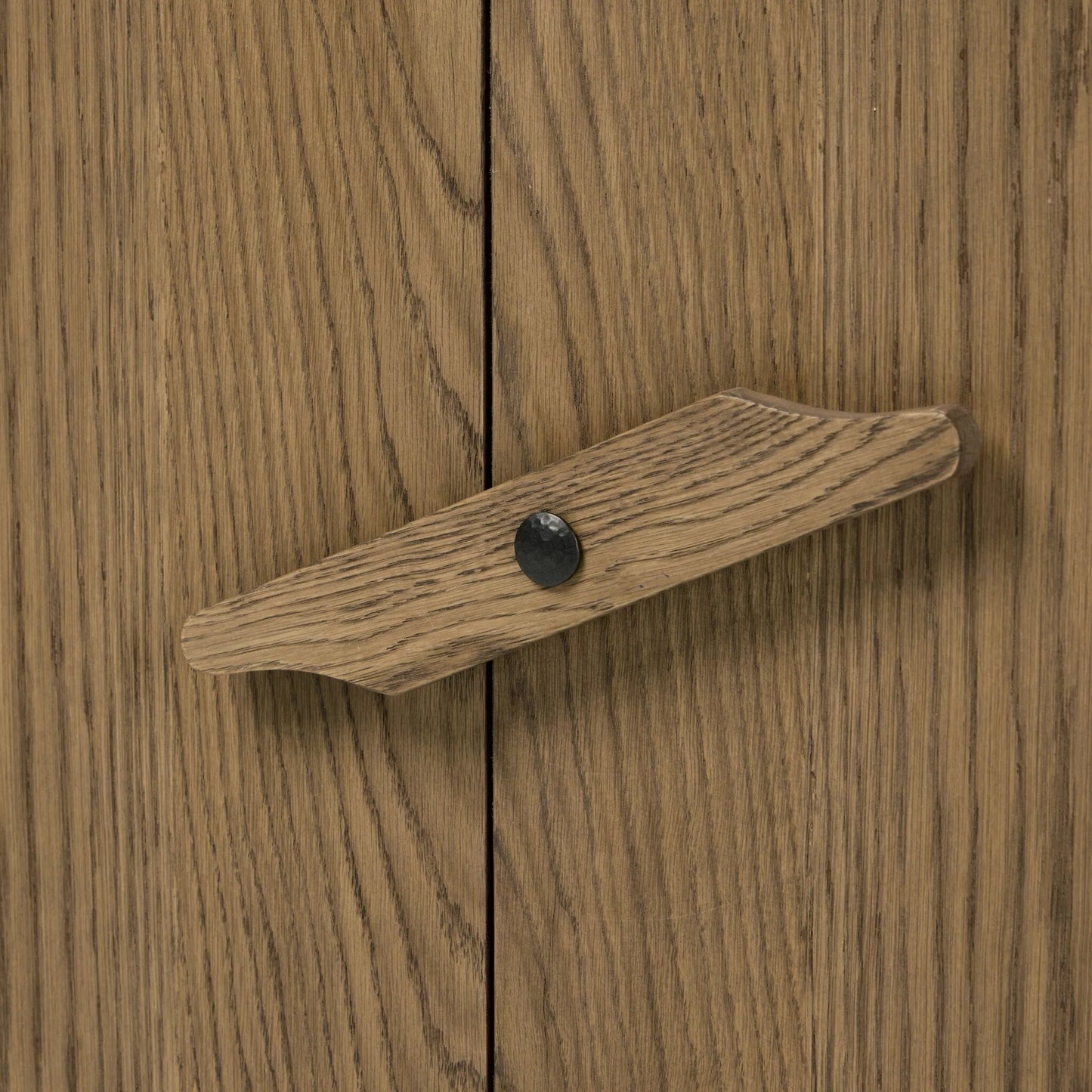 011 SI-2635276 | Closeup | Bedford Media Console by Four Hands in warm natural oak veneer. Made from thick oak veneer, solid oak in a unique style.