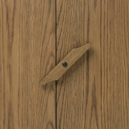 Bedford Cabinet by Four Hands in warm natural oak veneer, gunmetal. Made from thick oak veneer, solid oak, iron in a unique style.