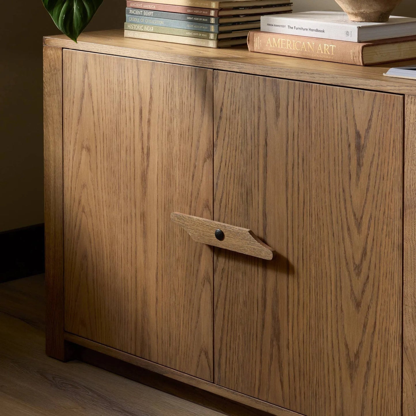 012 SI-2635276 | Closeup | Bedford Media Console by Four Hands in warm natural oak veneer. Made from thick oak veneer, solid oak in a unique style.