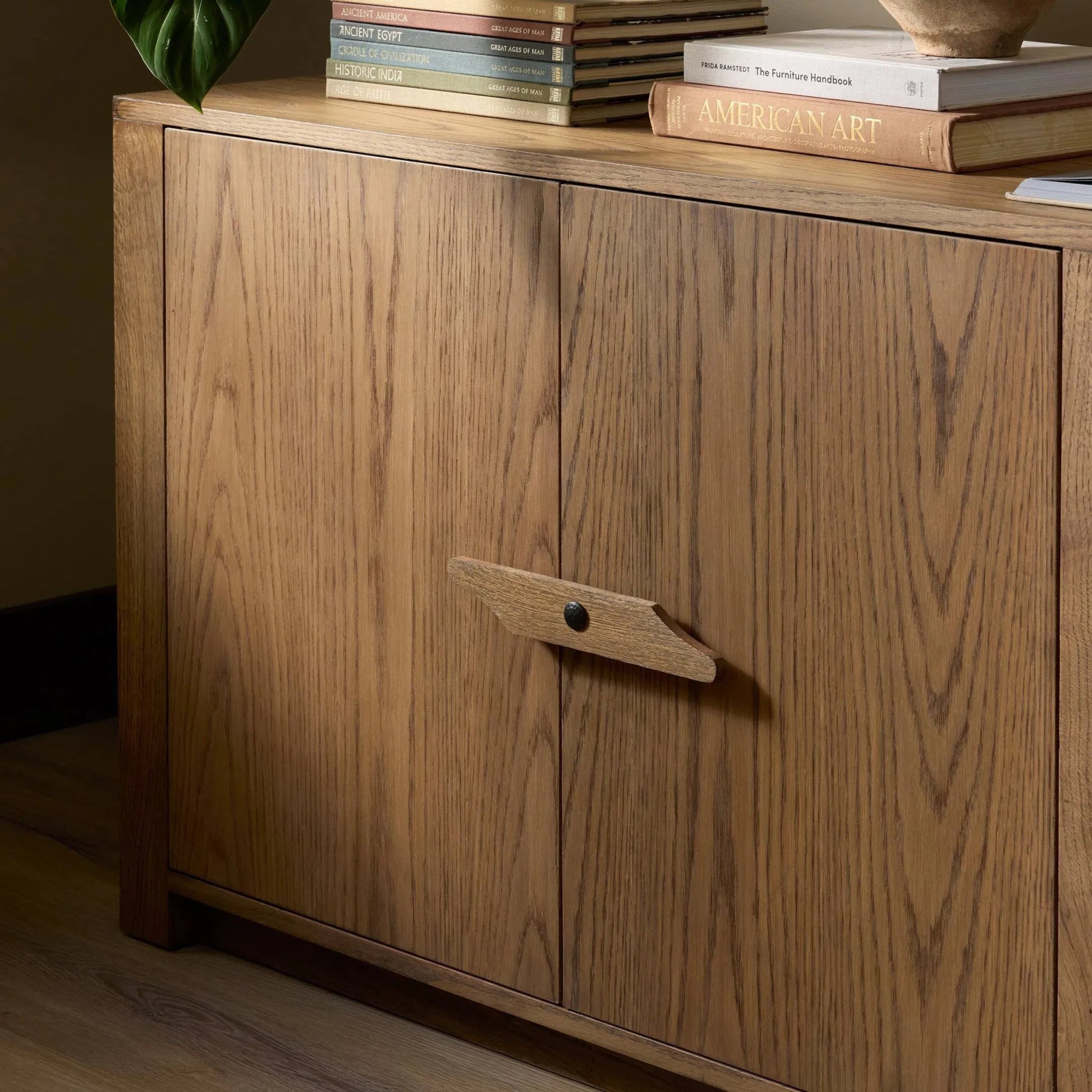 Bedford Media Console by Four Hands in warm natural oak veneer. Made from thick oak veneer, solid oak in a unique style.