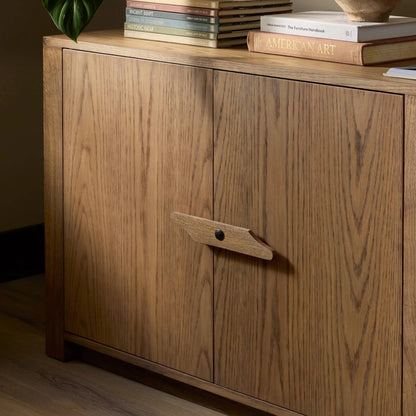 Bedford Media Console by Four Hands in warm natural oak veneer. Made from thick oak veneer, solid oak in a unique style.