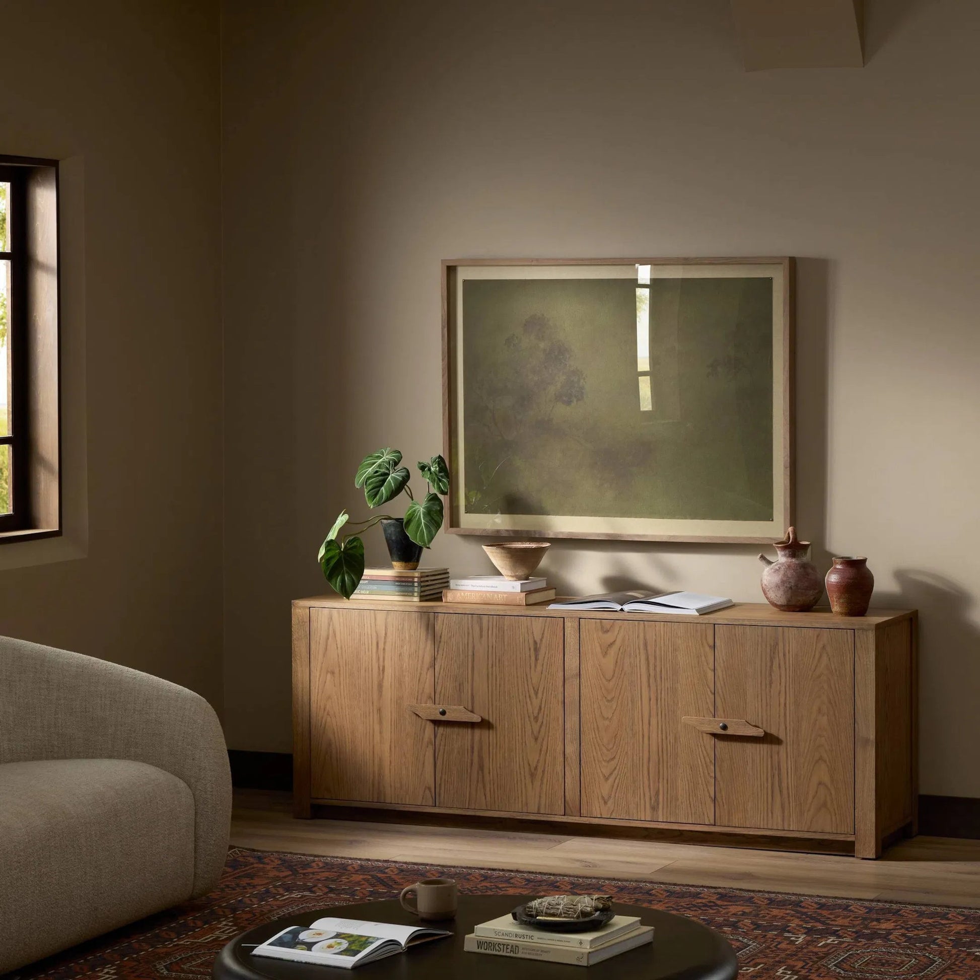 Bedford Media Console by Four Hands in warm natural oak veneer. Made from thick oak veneer, solid oak in a unique style.