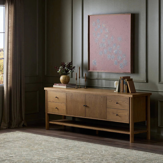 Roark Media Console by Four Hands in amber oak veneer. Made from oak veneer, solid oak in a unique style.