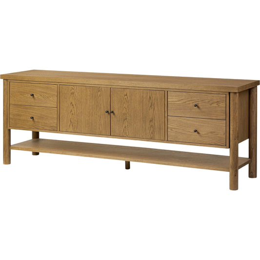 Roark Media Console by Four Hands in amber oak veneer. Made from oak veneer, solid oak in a transitional style.