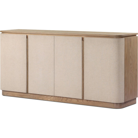 Mariella Sideboard by Four Hands in beige painted linen, sandy oak, sandy oak veneer. Made from painted linen, solid oak, oak veneer in a unique style.
