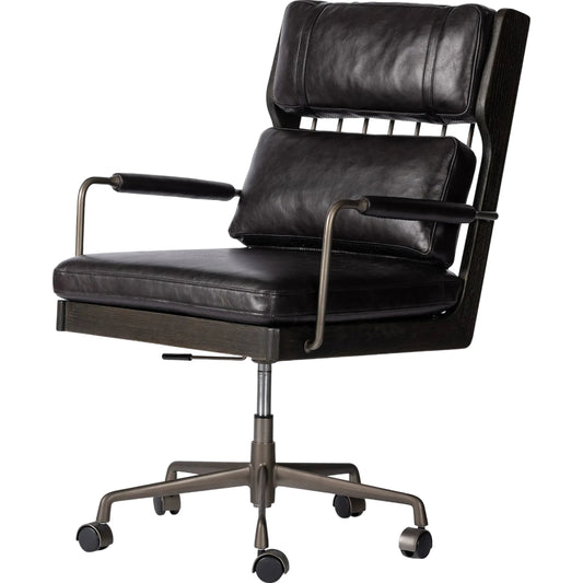 Ludvig Desk Chair by Four Hands in sonoma black, gris gunmetal. Made from top grain leather, iron in a unique style.