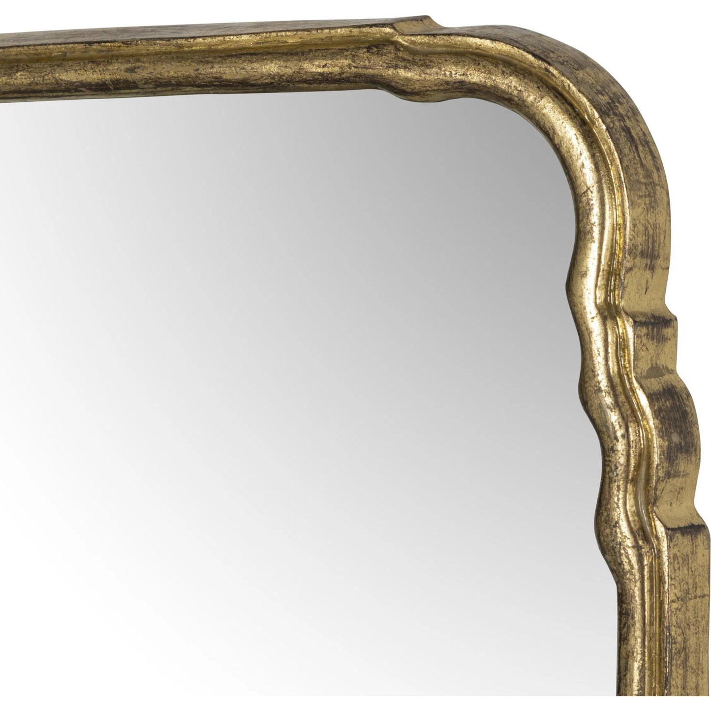 003 SI-2535204 | Closeup | Loire Mantel Mirror by Four Hands in antiqued gold leaf. Made from aluminum, mirror in a unique style.