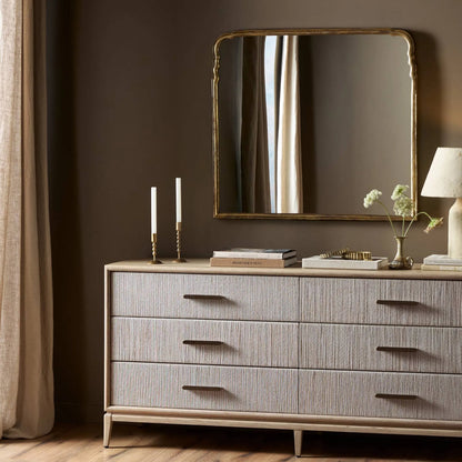 Loire Mantel Mirror by Four Hands in antiqued gold leaf. Made from aluminum, mirror in a unique style.