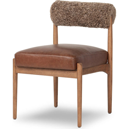Jazelle Dining Chair by Four Hands in havana brown, tan oak, taupe shearling. Made from top grain leather, solid oak, shearling in a unique style.