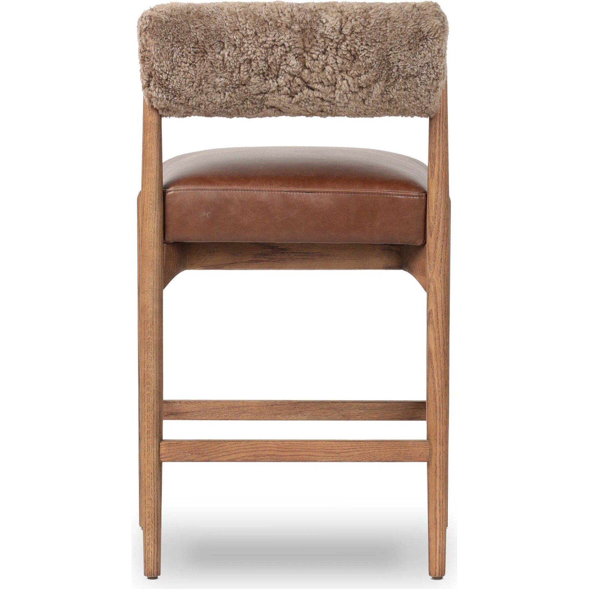 Jazelle Counter Stool by Four Hands in havana brown, tan ash, taupe shearling. Made from top grain leather, solid ash, shearling in a traditional style.