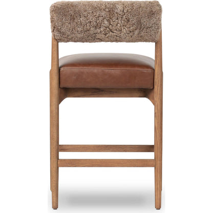 Jazelle Counter Stool by Four Hands in havana brown, tan ash, taupe shearling. Made from top grain leather, solid ash, shearling in a traditional style.