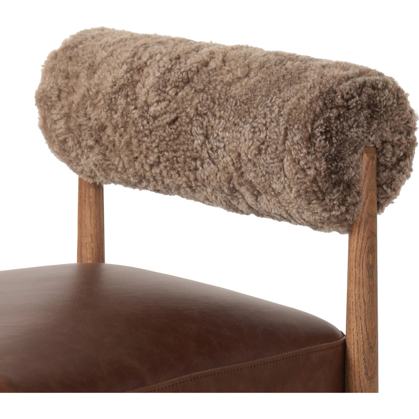 006 SI-2519208 | Closeup | Jazelle Counter Stool by Four Hands in havana brown, tan ash, taupe shearling. Made from top grain leather, solid ash, shearling in a traditional style.