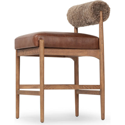 Jazelle Counter Stool by Four Hands in havana brown, tan ash, taupe shearling. Made from top grain leather, solid ash, shearling in a traditional style.