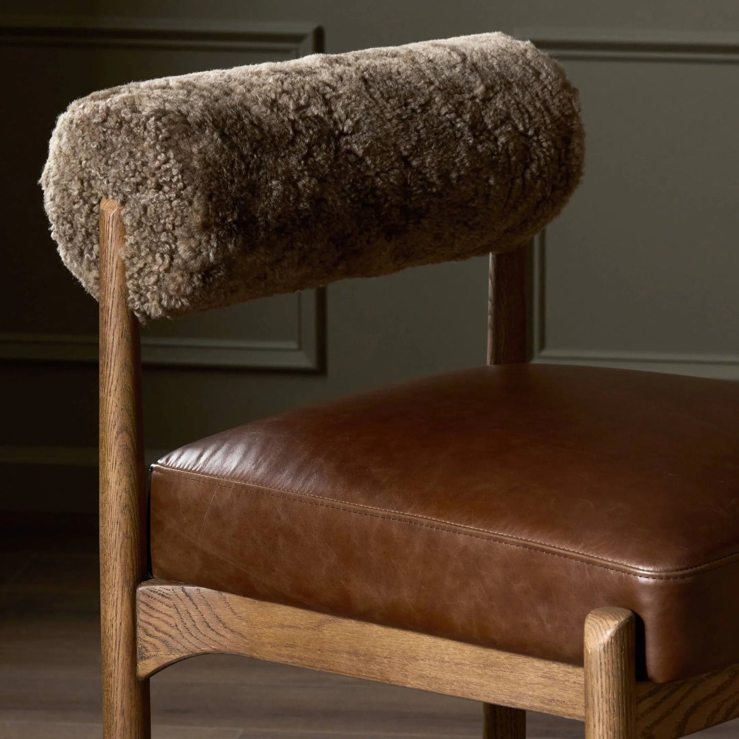 008 SI-2519208 | Closeup | Jazelle Counter Stool by Four Hands in havana brown, tan ash, taupe shearling. Made from top grain leather, solid ash, shearling in a traditional style.