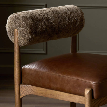 Jazelle Counter Stool by Four Hands in havana brown, tan ash, taupe shearling. Made from top grain leather, solid ash, shearling in a traditional style.