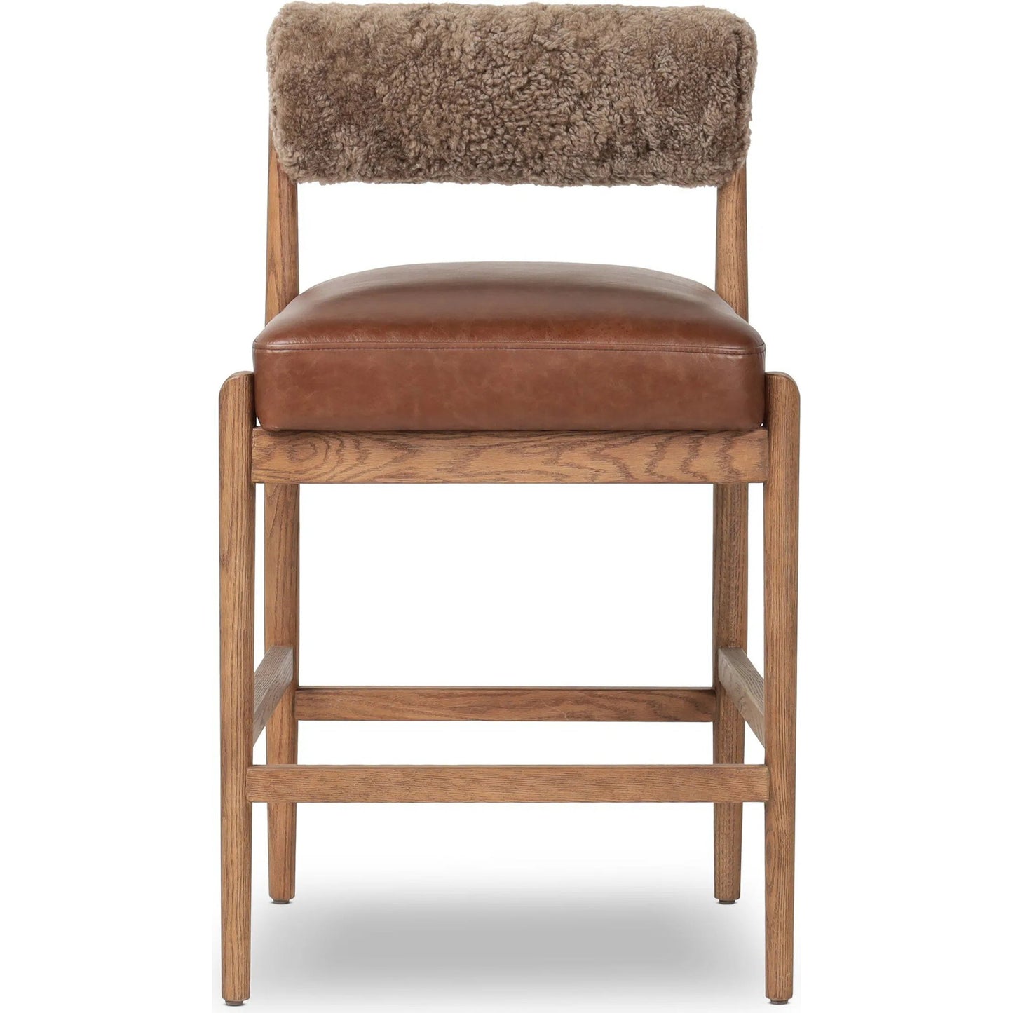 002 SI-2519208 | Additional Silo | Jazelle Counter Stool by Four Hands in havana brown, tan ash, taupe shearling. Made from top grain leather, solid ash, shearling in a traditional style.
