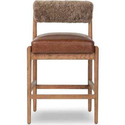 Jazelle Counter Stool by Four Hands in havana brown, tan ash, taupe shearling. Made from top grain leather, solid ash, shearling in a traditional style.