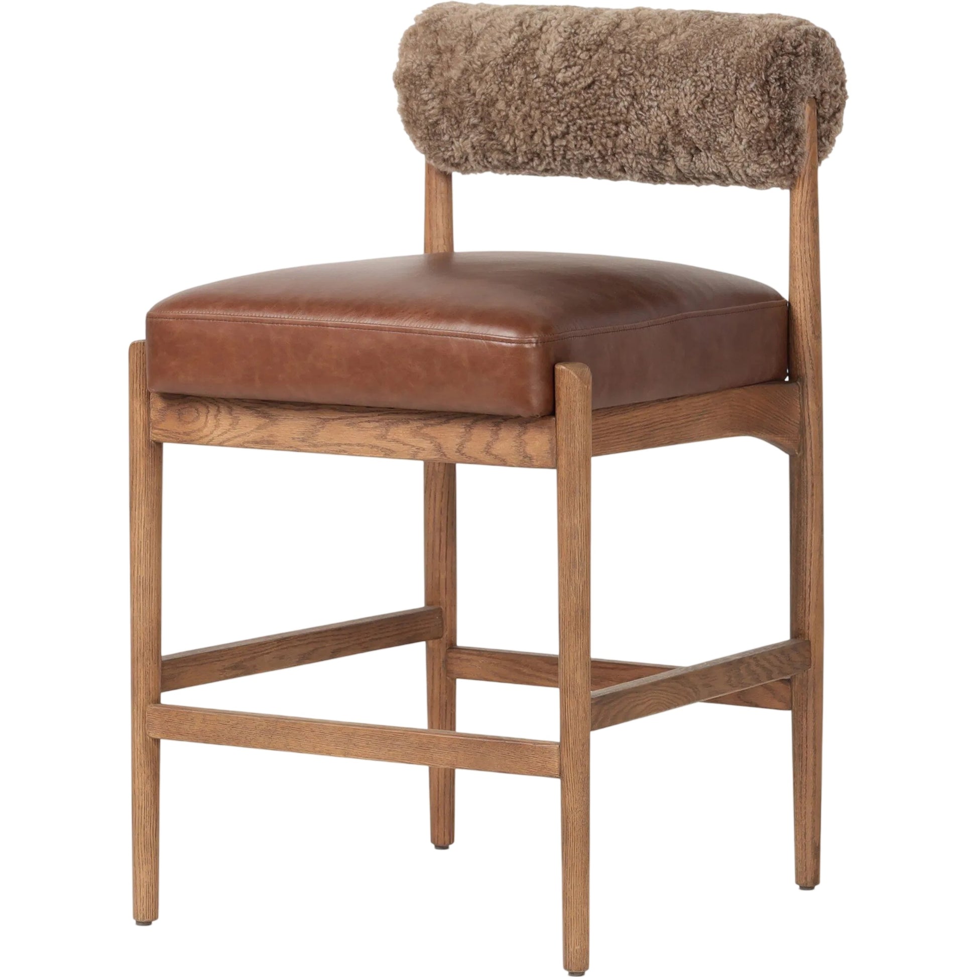 Jazelle Counter Stool by Four Hands in havana brown, tan ash, taupe shearling. Made from top grain leather, solid ash, shearling in a traditional style.