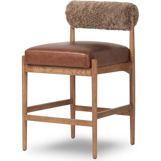 Jazelle Counter Stool by Four Hands in havana brown, tan ash, taupe shearling. Made from top grain leather, solid ash, shearling in a traditional style.