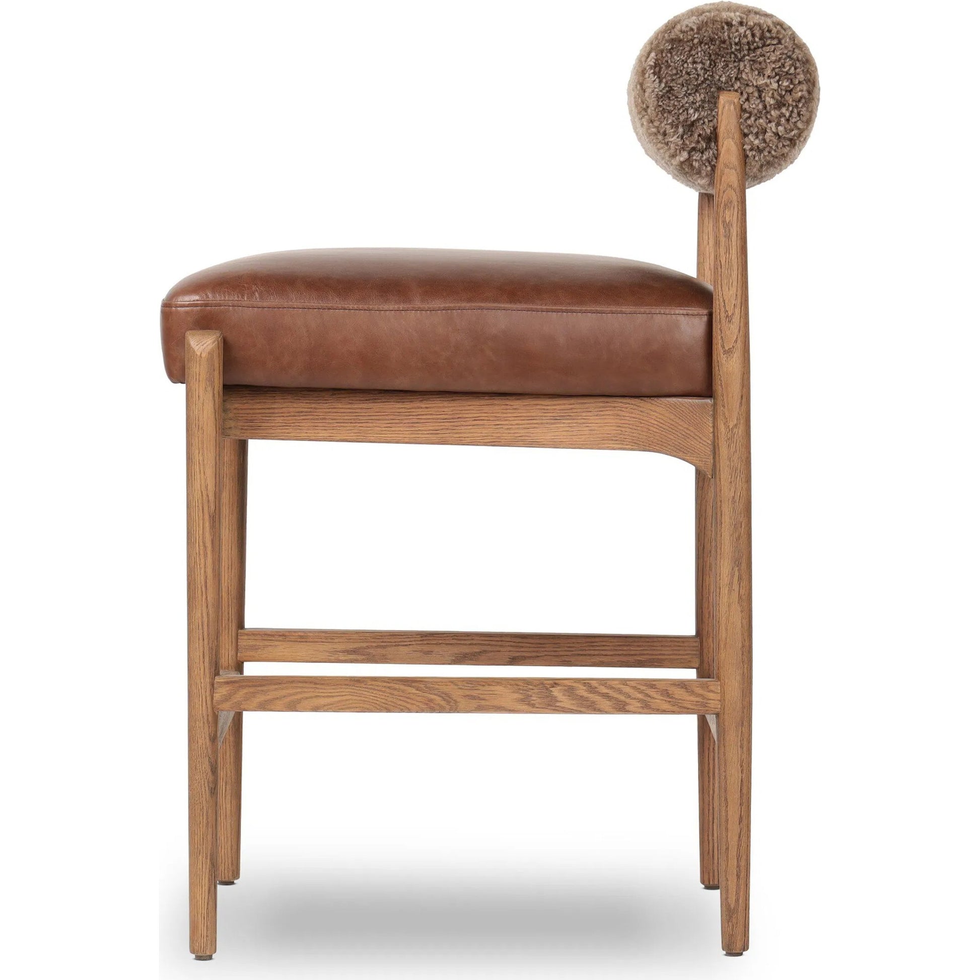 Jazelle Counter Stool by Four Hands in havana brown, tan ash, taupe shearling. Made from top grain leather, solid ash, shearling in a traditional style.