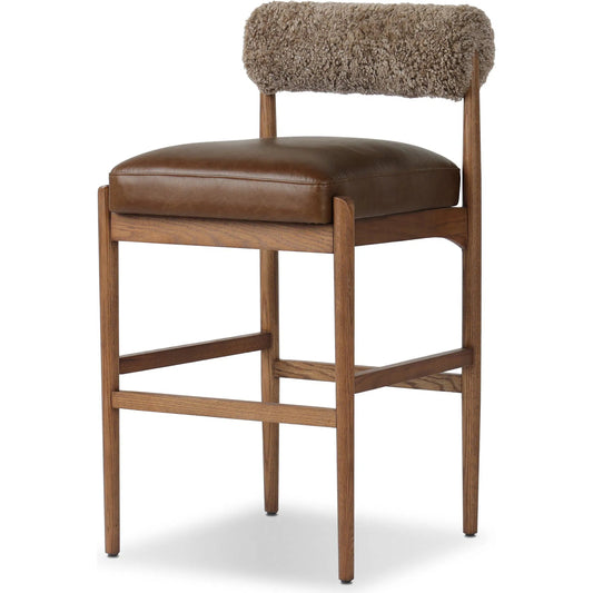 Jazelle Bar Stool by Four Hands in havana brown, tan ash, taupe shearling. Made from top grain leather, solid ash, shearling in a traditional style.