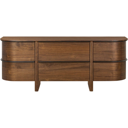 Theo 6 Drawer Dresser by Four Hands in dark brown walnut, dark brown walnut veneer. Made from solid walnut, walnut veneer in a unique style.