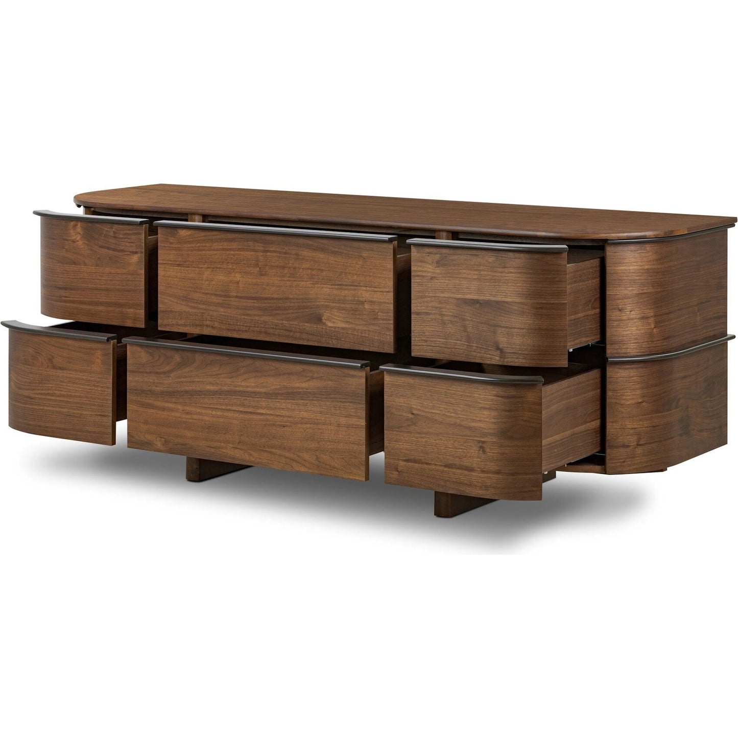 008 SI-2446652 | Closeup | Theo 6 Drawer Dresser by Four Hands in dark brown walnut, dark brown walnut veneer. Made from solid walnut, walnut veneer in a unique style.