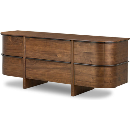 Theo 6 Drawer Dresser by Four Hands in dark brown walnut, dark brown walnut veneer. Made from solid walnut, walnut veneer in a unique style.