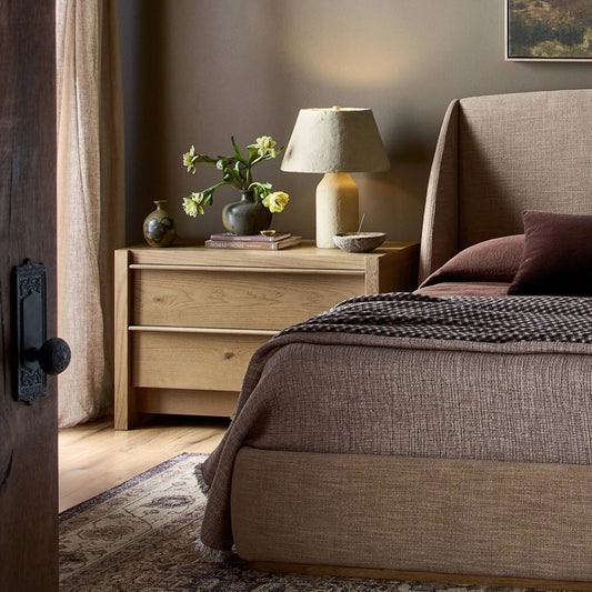 Aramis Nightstand by Four Hands in sandy oak resawn, sandy oak veneer. Made from resawn oak veneer in a transitional style.