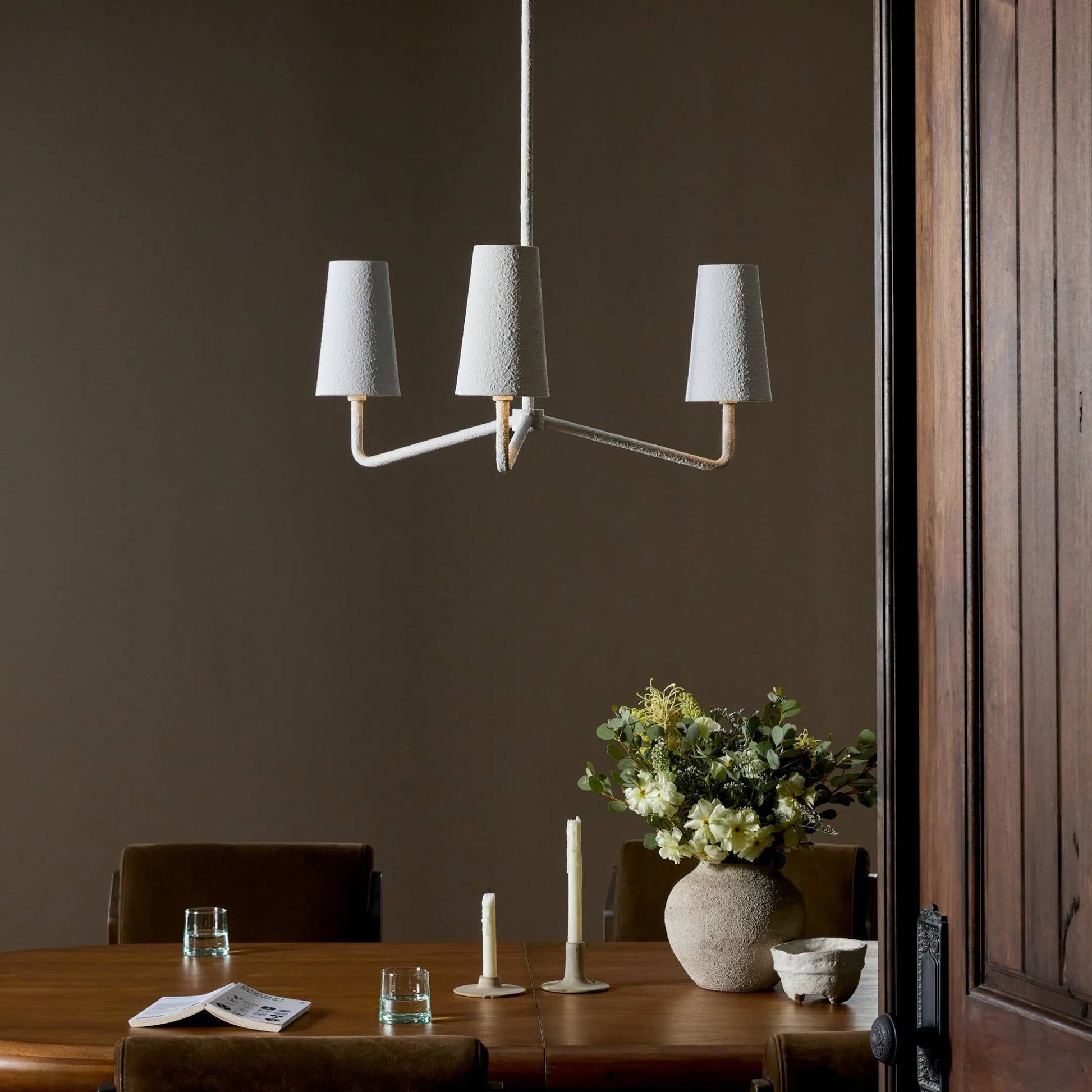 Vincennes Chandelier by Four Hands in matte white plaster. Made from iron in a unique style.