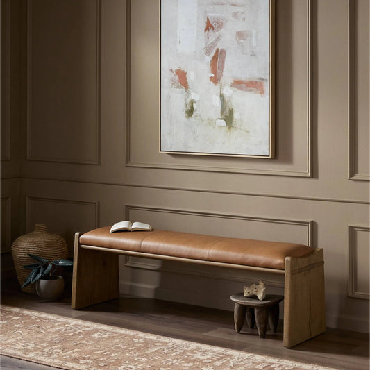 Eros Accent Bench by Four Hands in conroe drift, worn oak veneer. Made from top grain leather, thick oak veneer, solid oak in a unique style.