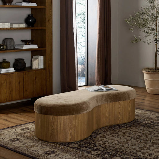 Celeste Accent Bench by Four Hands in altair mushroom, toasted ash thick veneer. Made from 100% polyester, thick ash veneer in a unique style.