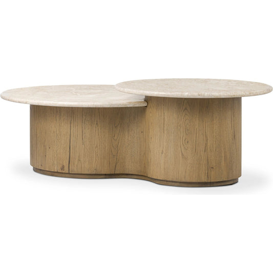 Toro Coffee Table by Four Hands in cappuccino marble, rubbed light oak, rubbed light oak veneer. Made from solid marble, solid oak, thick oak veneer in a unique style.