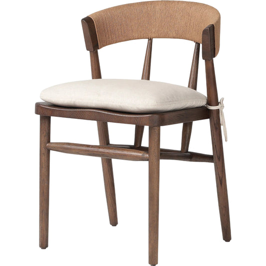 Buxton Dining Chair by Four Hands in savile flax, drifted oak, natural paper rush. Made from 92% polyester, 8% flax/linen, solid oak, rush in a rustic style.