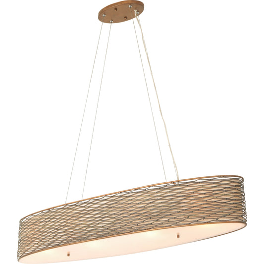 Flow Oval Linear Pendant by Varaluz in hammered orange. Made from hammered ore, tan silk slug shade, acrylic diffuser in a modern style.