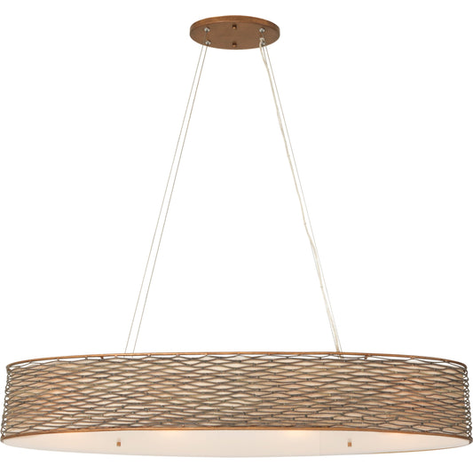 Flow Oval Linear Pendant by Varaluz in hammered orange. Made from hammered ore, tan silk slug shade, acrylic diffuser in a modern style.