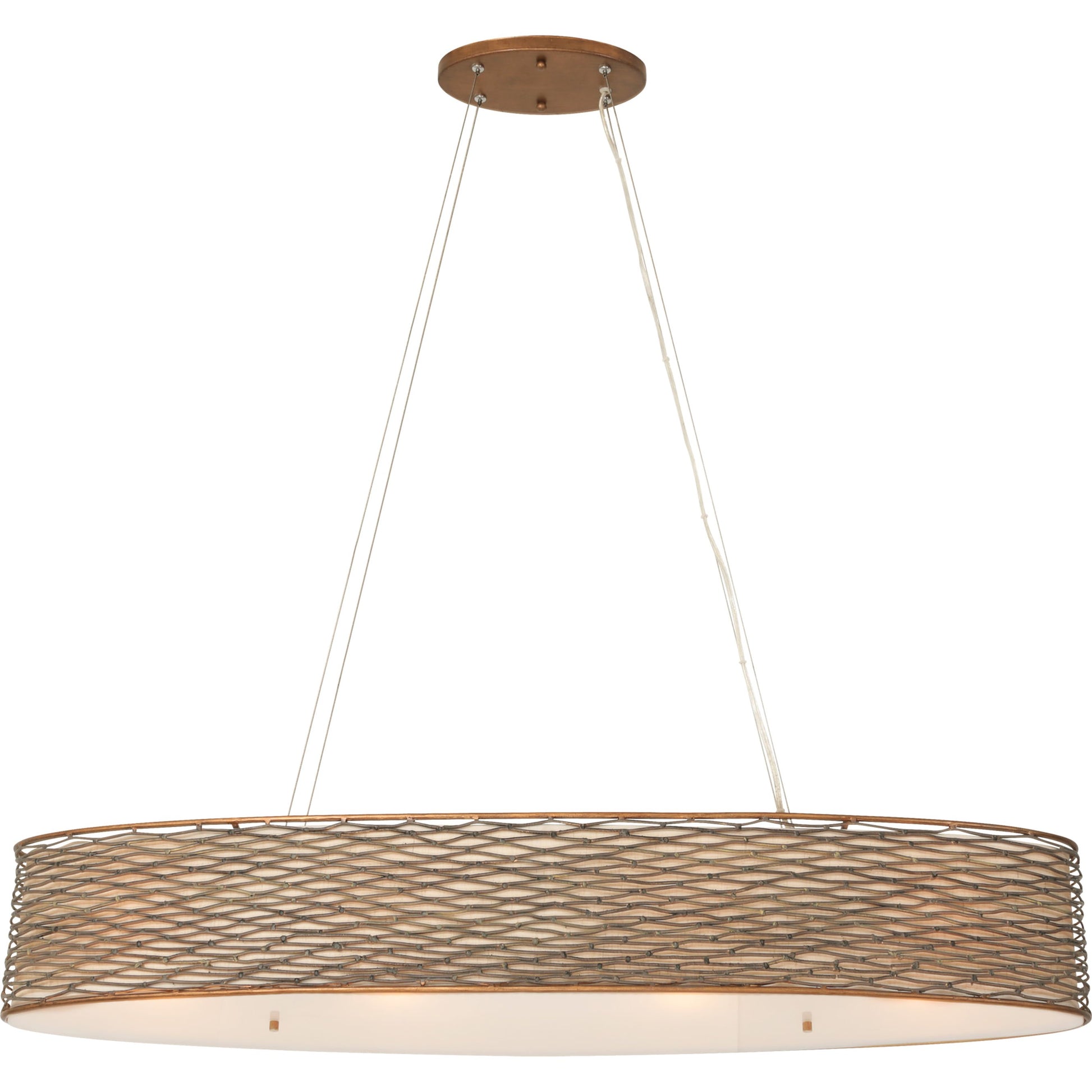 Flow Oval Linear Pendant by Varaluz in hammered orange. Made from hammered ore, tan silk slug shade, acrylic diffuser in a modern style.
