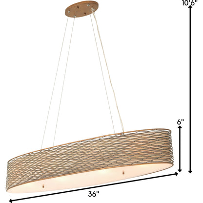 Flow Oval Linear Pendant by Varaluz in hammered orange. Made from hammered ore, tan silk slug shade, acrylic diffuser in a modern style.