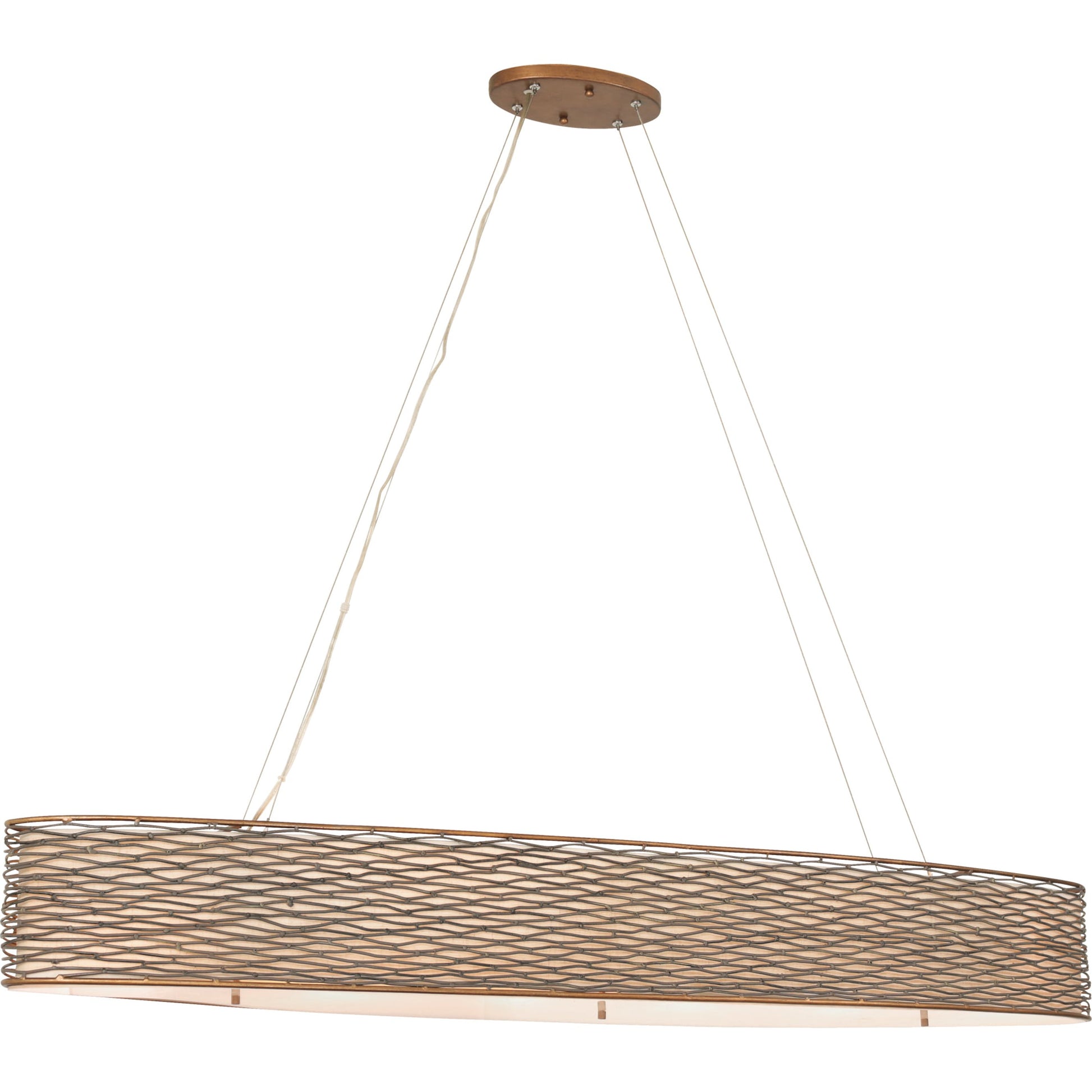 Flow Oval Linear Pendant by Varaluz in hammered orange. Made from hammered ore, tan silk slug shade, acrylic diffuser in a modern style.