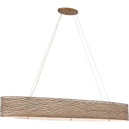 Flow Oval Linear Pendant by Varaluz in hammered orange. Made from hammered ore, tan silk slug shade, acrylic diffuser in a modern style.