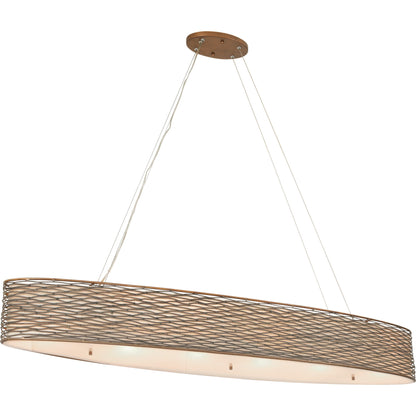 Flow Oval Linear Pendant by Varaluz in hammered orange. Made from hammered ore, tan silk slug shade, acrylic diffuser in a modern style.