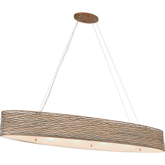 Flow Oval Linear Pendant by Varaluz in hammered orange. Made from hammered ore, tan silk slug shade, acrylic diffuser in a modern style.
