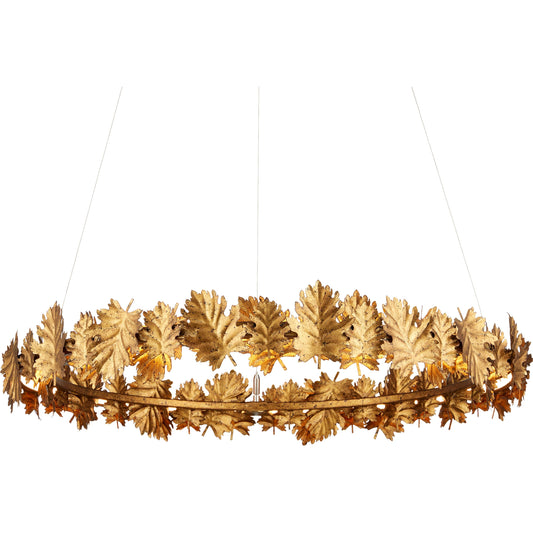 English Oak Chandelier by Currey and Company in gold leaf. Made from wrought iron in a modern style.