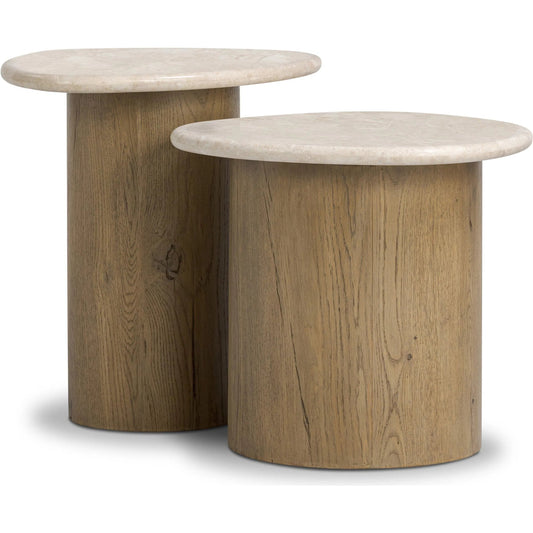 Kovo Nesting End Tables by Four Hands in cappuccino marble, rubbed light oak veneer. Made from solid marble, thick oak veneer in a transitional style.