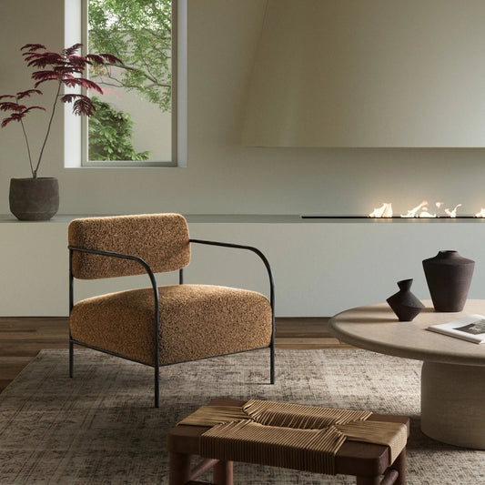 Fenn Chair by Four Hands in amber shearling, hammered iron. Made from shearling, iron in a modern style.