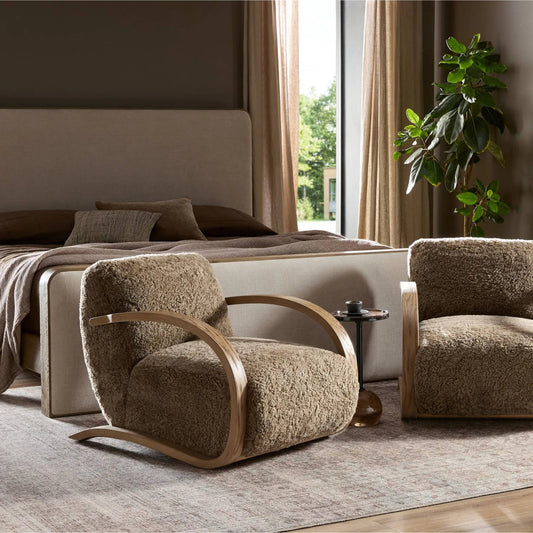 Burke Chair by Four Hands in taupe shearling, sandy oak veneer. Made from shearling, oak veneer in a unique style.