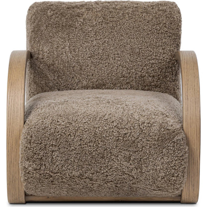 Burke Chair by Four Hands in taupe shearling, sandy oak veneer. Made from shearling, oak veneer in a eclectic & global style.