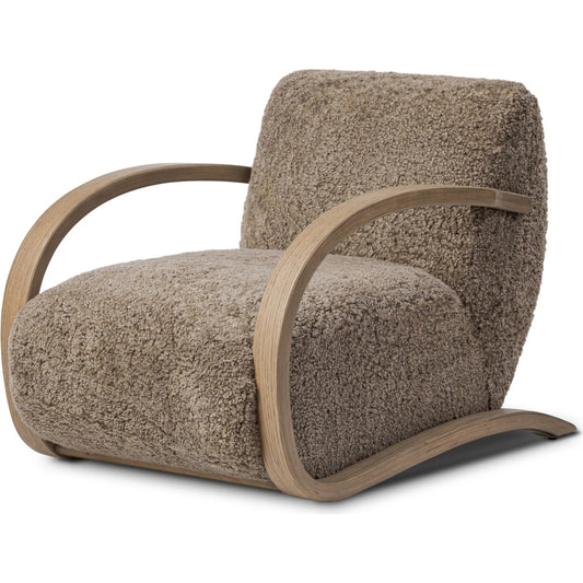Burke Chair by Four Hands in taupe shearling, sandy oak veneer. Made from shearling, oak veneer in a unique style.